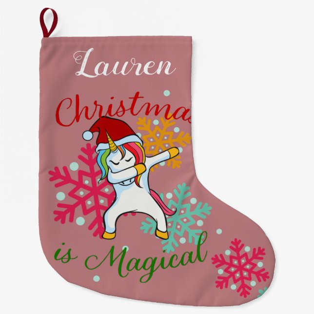 Magical Christmas Unicorn Dabbing Large Christmas Stocking (Front)