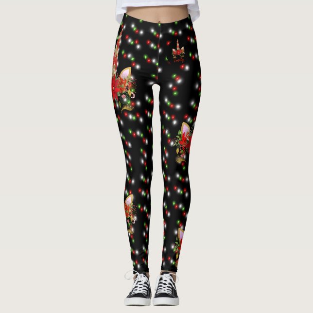 Magical Christmas Unicorn Face Black Red Gold Name Leggings (Front)