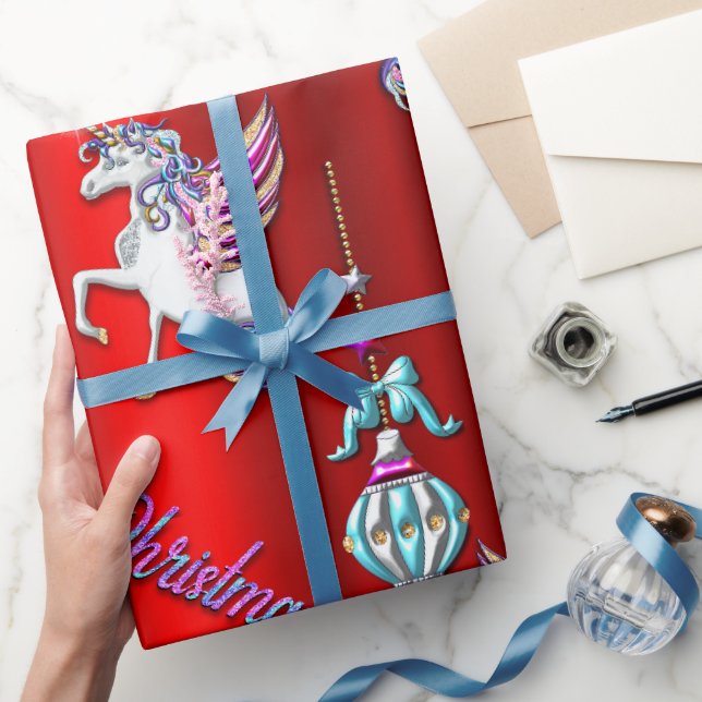 Magical Christmas Unicorns on Red Wrapping Paper (Gifting)