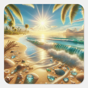 Magical Coastline with Blue Waves and Sea Glass Square Sticker
