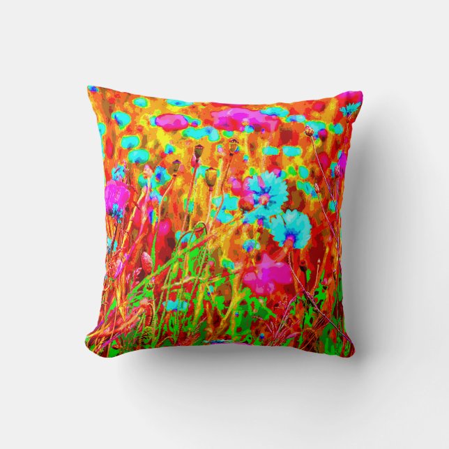 Magical Colourful Flowering Meadow Pop Art Throw Pillow (Front)