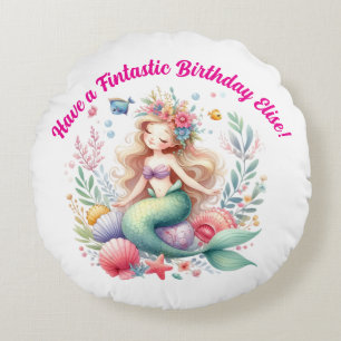 Magical colourful Mermaid Fintastic Birthday Gift Round Pillow