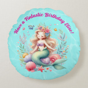 Magical colourful Mermaid Fintastic Birthday Gift Round Pillow