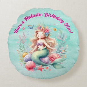 Magical colourful Mermaid Fintastic Birthday Gift Round Pillow