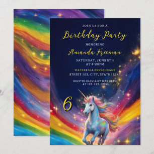Magical Colourful Rainbow Unicorn 6th Birthday Invitation
