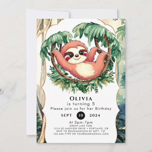 Magical Colourful Sloth Birthday Invitation (Front)