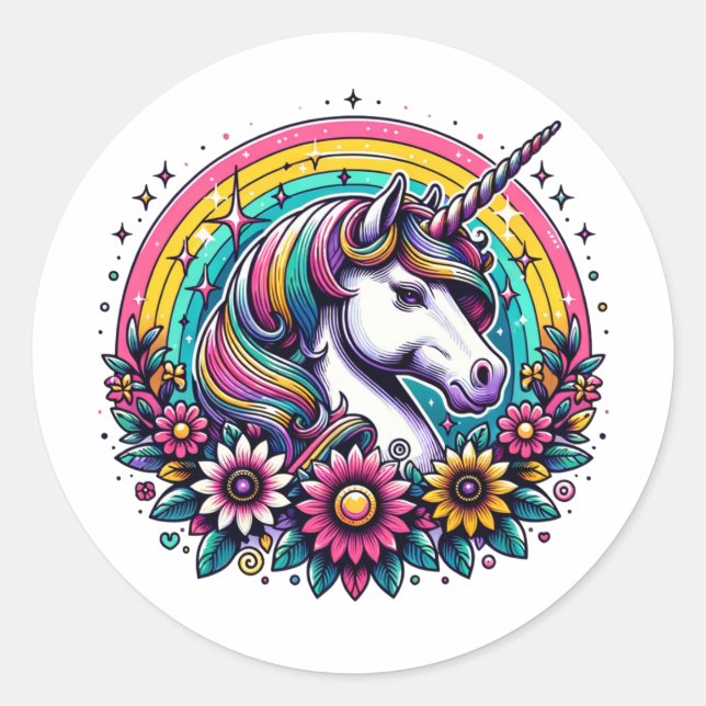 Magical Colourful Unicorn and Rainbow Classic Round Sticker (Front)