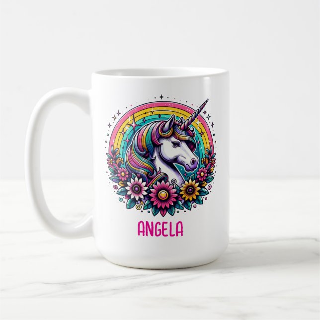 Magical Colourful Unicorn and Rainbow Personalized Coffee Mug (Left)