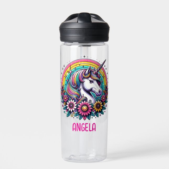 Magical Colourful Unicorn and Rainbow Personalized Water Bottle (Front)