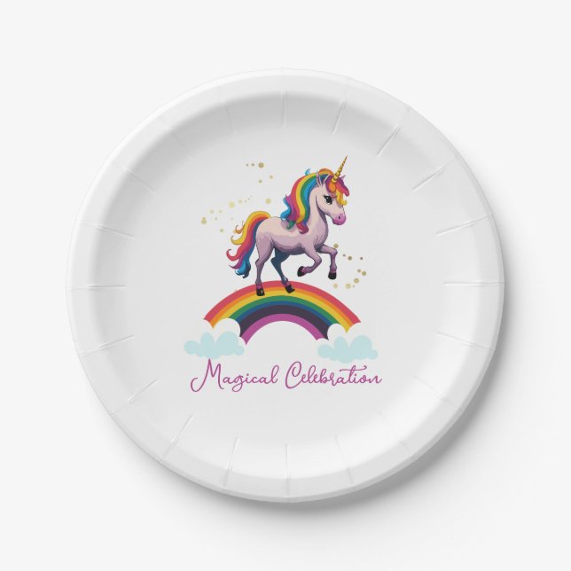Magical Colourful Unicorn Rainbow Birthday Paper Plate (Front)