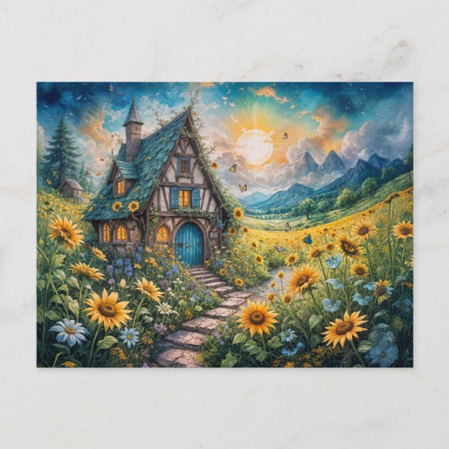 Magical Cottage with Sunflower Field Postcard (Front)