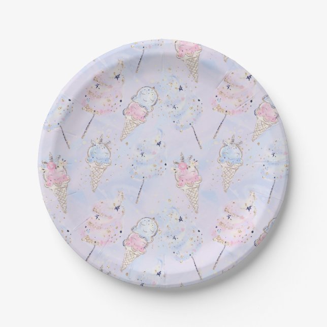 Magical Cotton Candy and Ice Cream Glitter Pattern Paper Plate (Front)