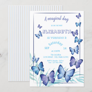 Magical Cute Butterflies Striped Birthday Invitation
