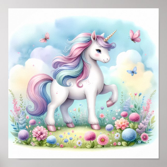 Magical Cute Kawaii Unicorn Floral Poster (Front)