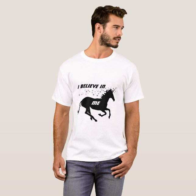 Magical Cute Unicorn I Believe In Me, Black White T-Shirt (Front Full)