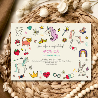 Magical day cats rabbits unicorns kids birthday invitation
