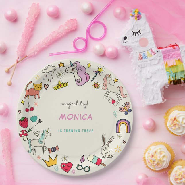 Magical day cats rabbits unicorns kids birthday paper plate (Party)