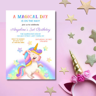 Magical Day Rainbow Stars Unicorn Birthday  Invitation