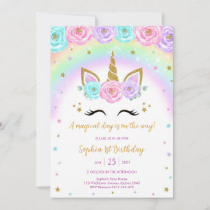 Magical Day Unicorn and Rainbows Birthday Invitation