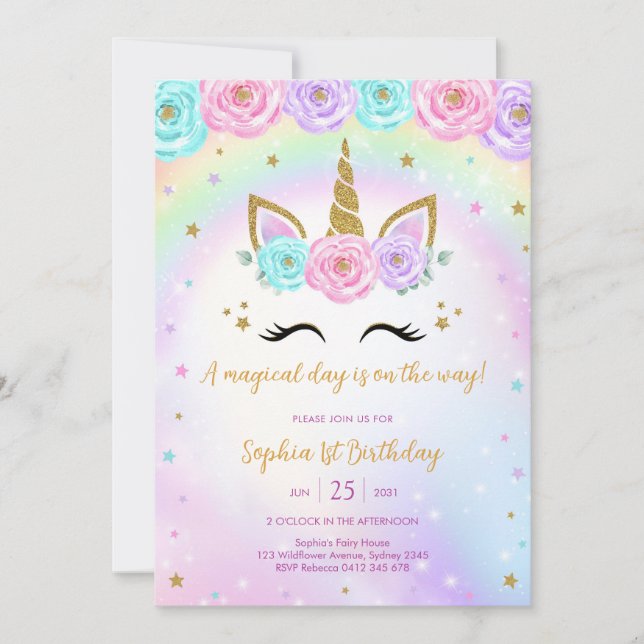 Magical Day Unicorn and Rainbows Birthday Invitation (Front)