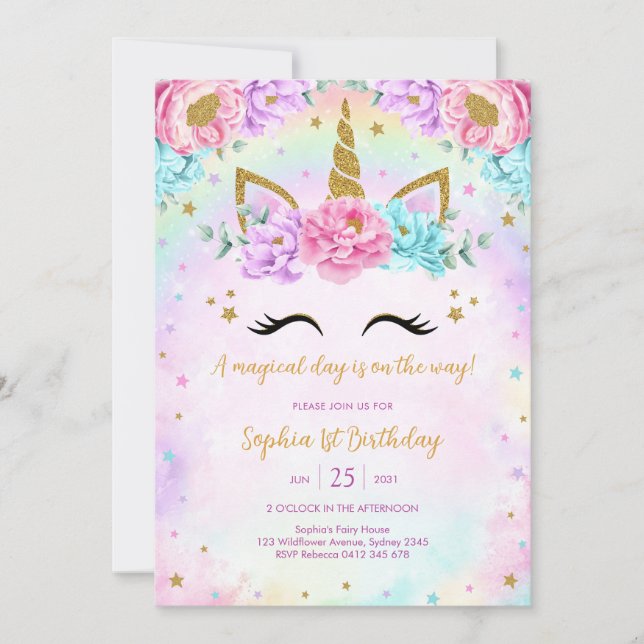 Magical Day Unicorn and Rainbows Birthday Invitation (Front)