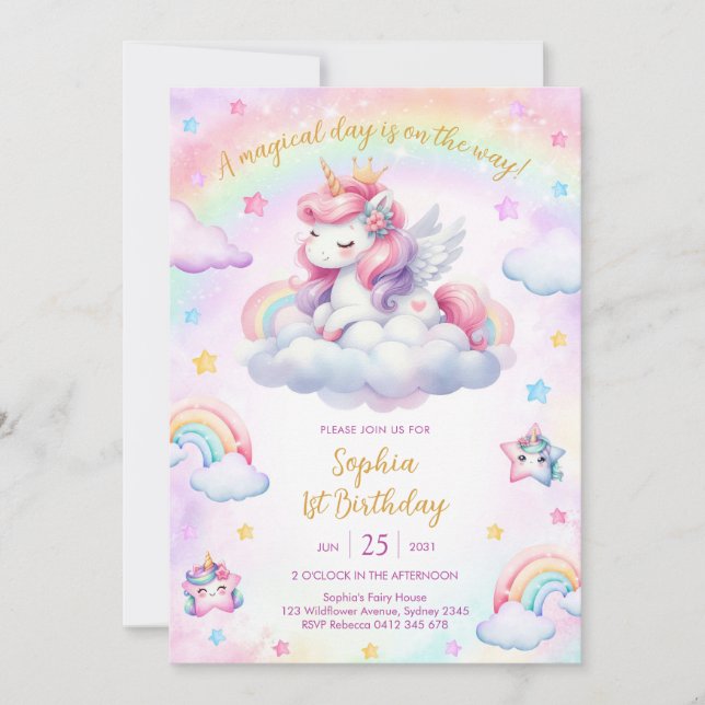 Magical Day Unicorn and Rainbows Birthday Invitation (Front)