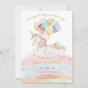 Magical Day Unicorn and Rainbows Birthday Invitation