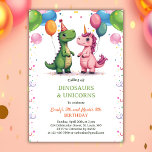 Magical Dinosaur & Unicorn Joint Kids Birthday Invitation<br><div class="desc">Make your children's double celebration extra special with this adorable Dinosaur and Unicorn joint birthday invitation! Designed for siblings or twins, this invitation is perfect for a boy-and-girl combo party. Featuring a playful green dinosaur and a magical pink unicorn with festive party hats and colourful balloons, this design radiates fun...</div>