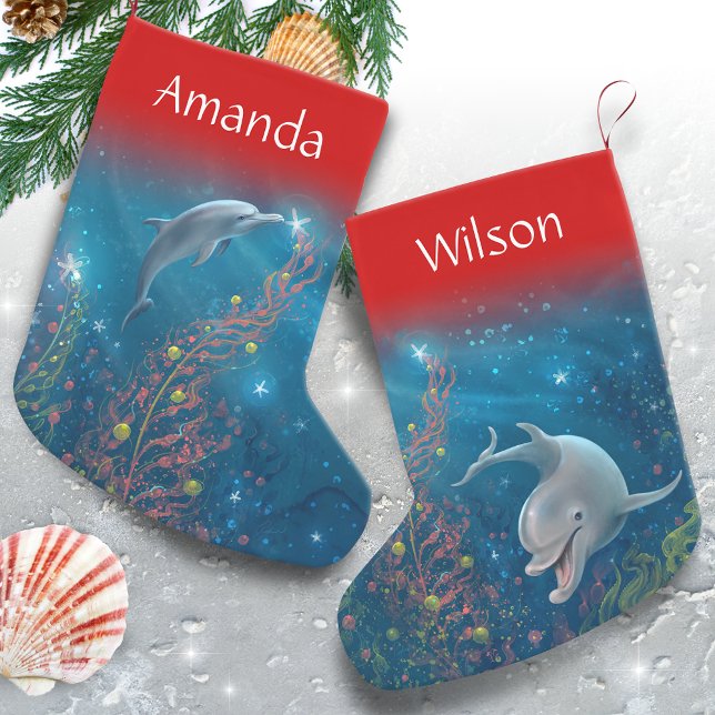 Magical Dolphin Unique Beach Themed Name Small Christmas Stocking (Add a custom name and easily change the top accent color on these unique dolphin Christmas stockings)