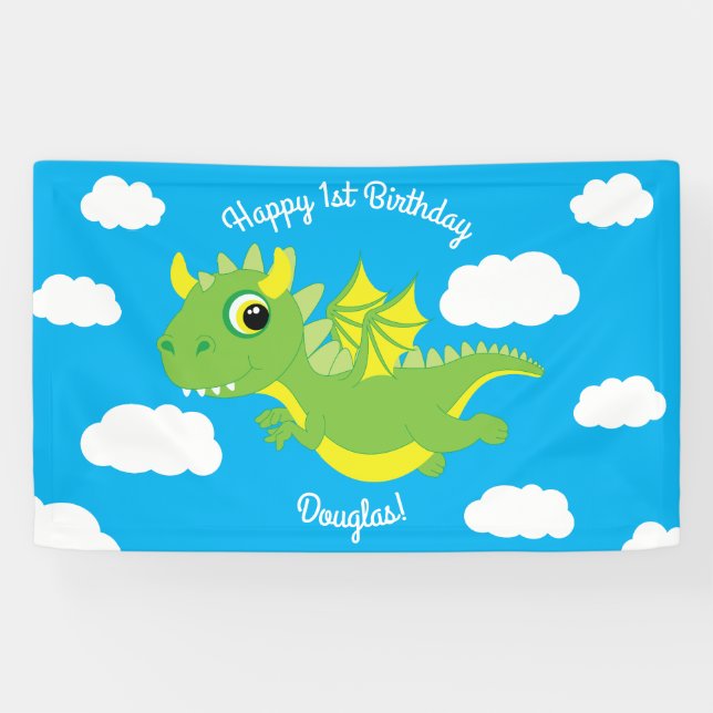 Magical Dragon Cute 1st Birthday Party Decor Banner (Horizontal)