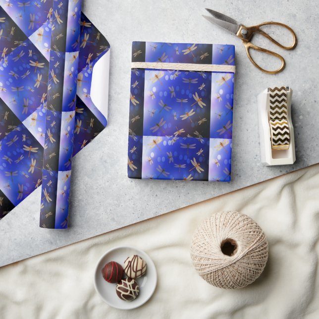 Magical Dragonflies On Blue, Wrapping Paper (Crafts)