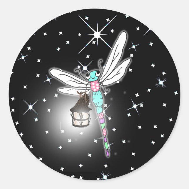Magical Dragonfly Nighttime Sparkles Classic Round Sticker (Front)