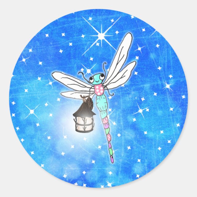 Magical Dragonfly Nighttime Sparkles Classic Round Sticker (Front)