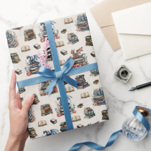 Magical Dragons & Books on Beige Wrapping Paper