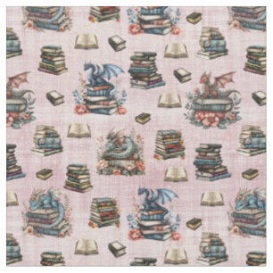 Magical Dragons & Books on Light Gray-Pink Fabric