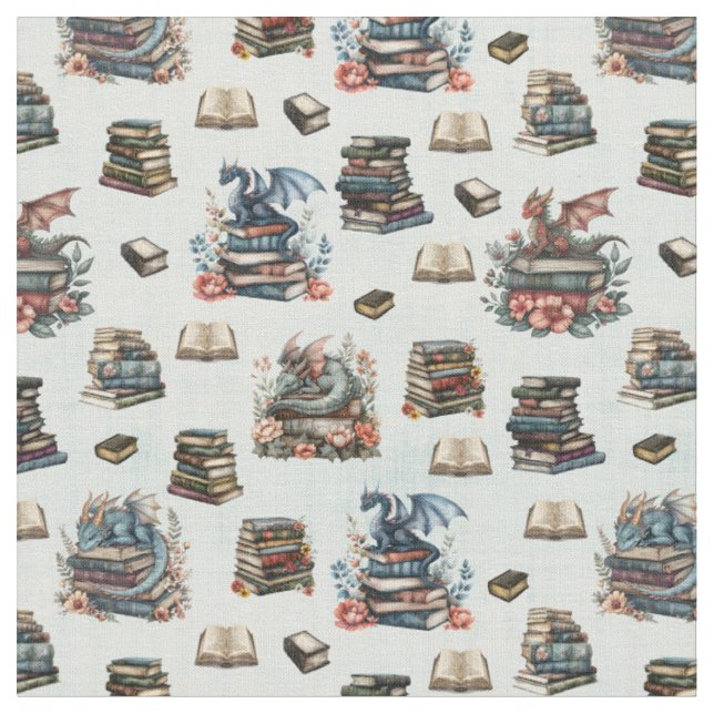 Magical Dragons & Books on Light Green Fabric (Close Up)