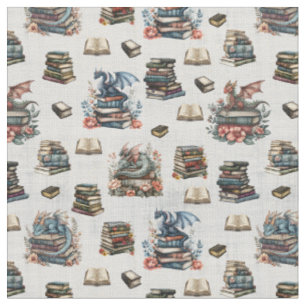 Magical Dragons & Books on Pale Gray Fabric