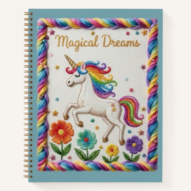 Magical Dreams Embroidered Unicorn Floral Notebook (Front)