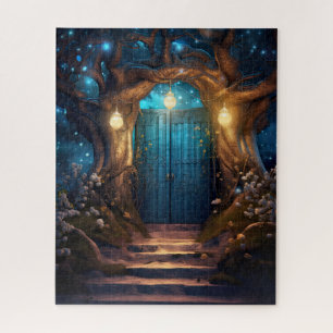 Magical Enchanted Fantasy Forest Old Blue Door Jigsaw Puzzle