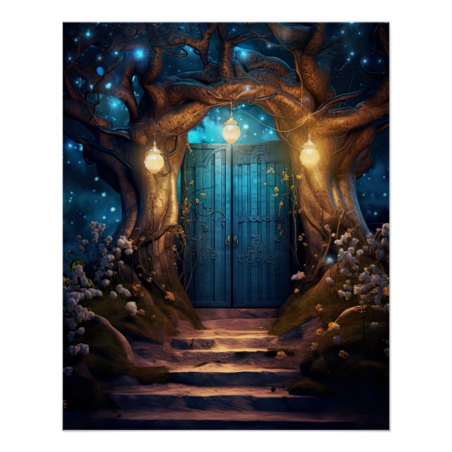 Magical Enchanted Fantasy Forest Old Blue Door Poster (Front)