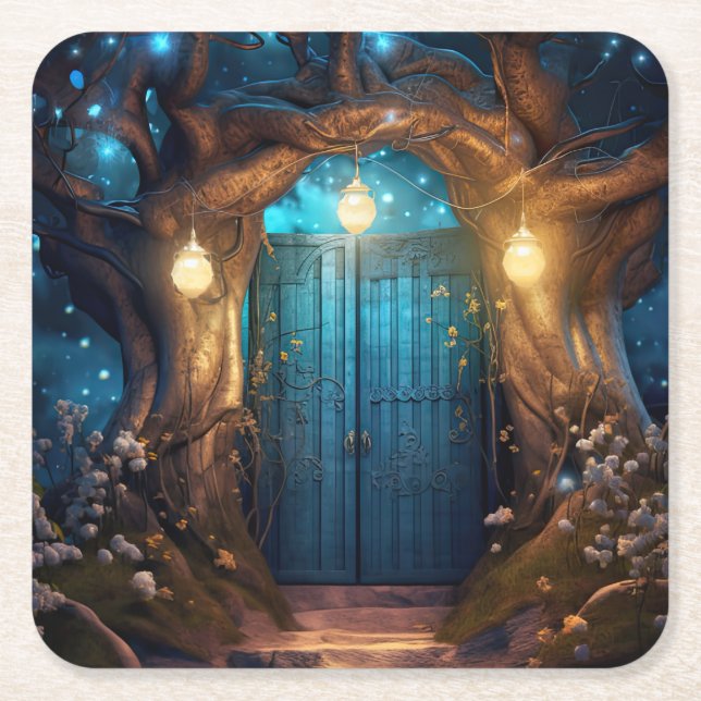 Magical Enchanted Forest Fantasy Antique Door Square Paper Coaster (Front)
