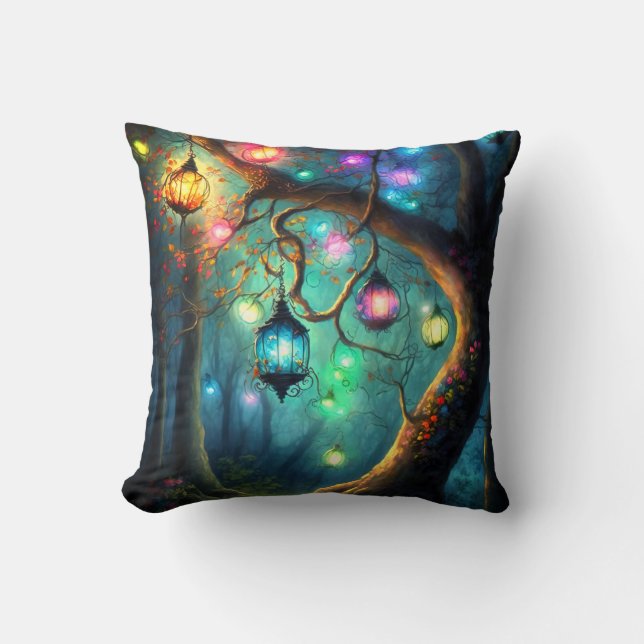 Magical Enchanted Forest Fantasy Fairy Lights Thro Throw Pillow (Front)