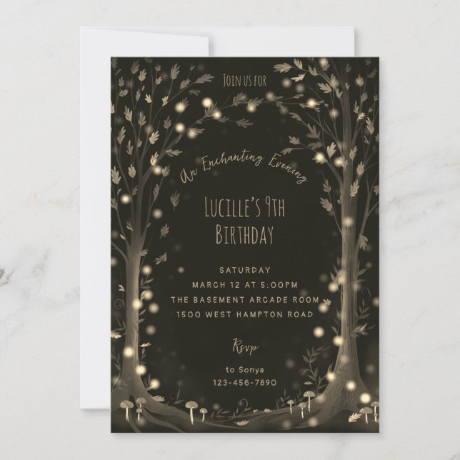 Magical evening fairy woodland birthday party invitation (Front)