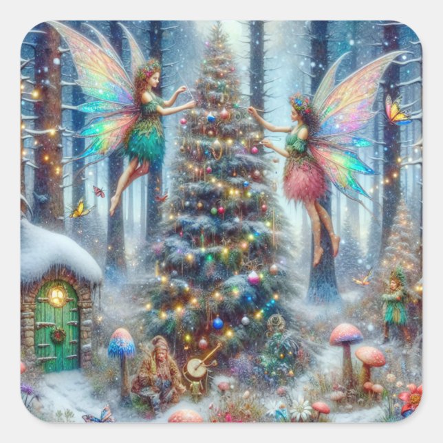 Magical Fairies and Elves Christmas Tree Square Sticker (Front)