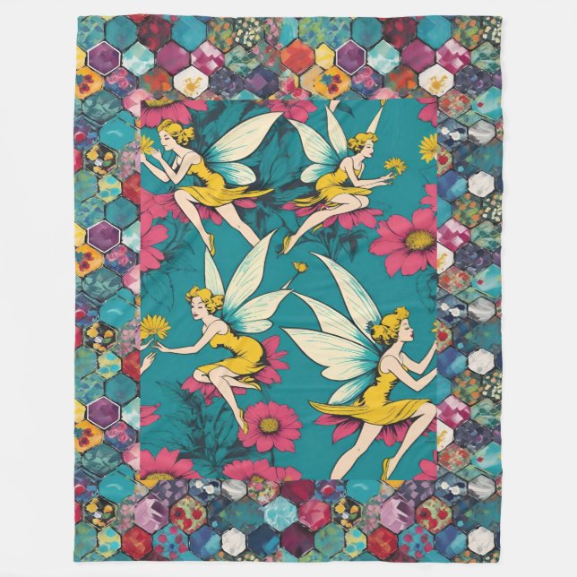 Magical Fairies And Floral Hexagon Patchwork Fleece Blanket (Front)