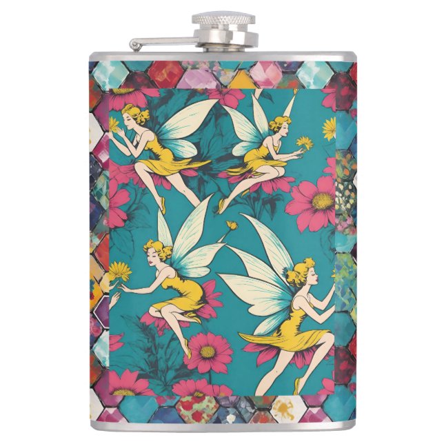 Magical Fairies And Floral Hexagon Patchwork Hip Flask (Front)