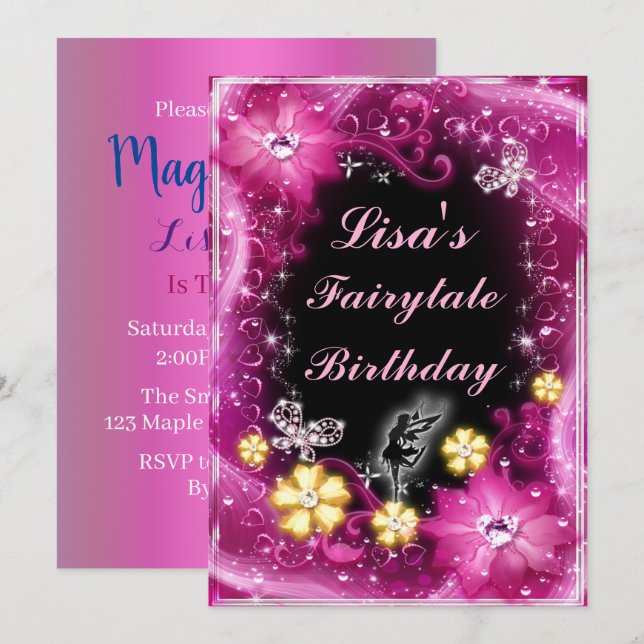 Magical Fairy And Butterflies Pink Floral Birthday Invitation (Front/Back)