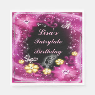 Magical Fairy And Butterflies Pink Floral Birthday Napkin