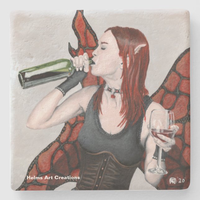 Magical Fairy Drinking Wine Fantasy Stone Coaster (Front)