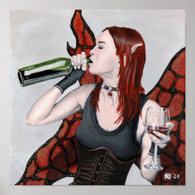 Magical Fairy Drinking Wine Fantasy Wall Art Print (Front)